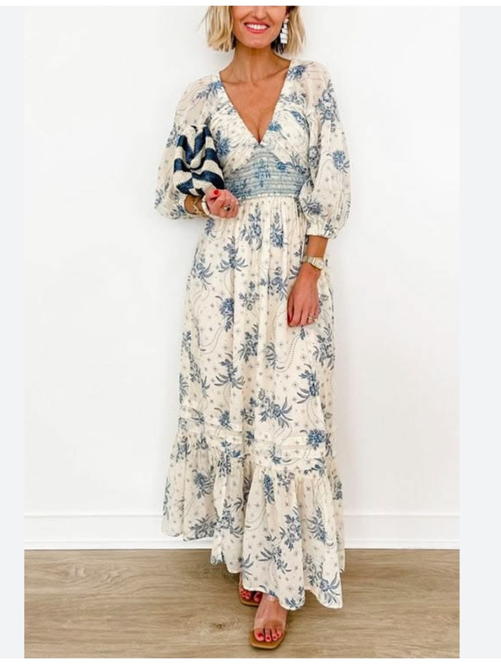 Free People Cream and Blue Floral Maxi Skirt